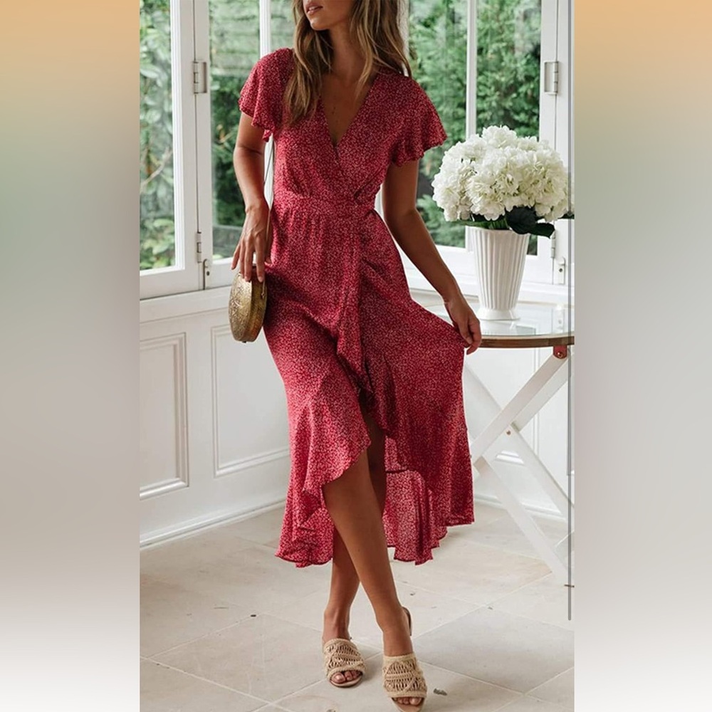 Zesica Red Floral Wrap Midi Dress - Women Large